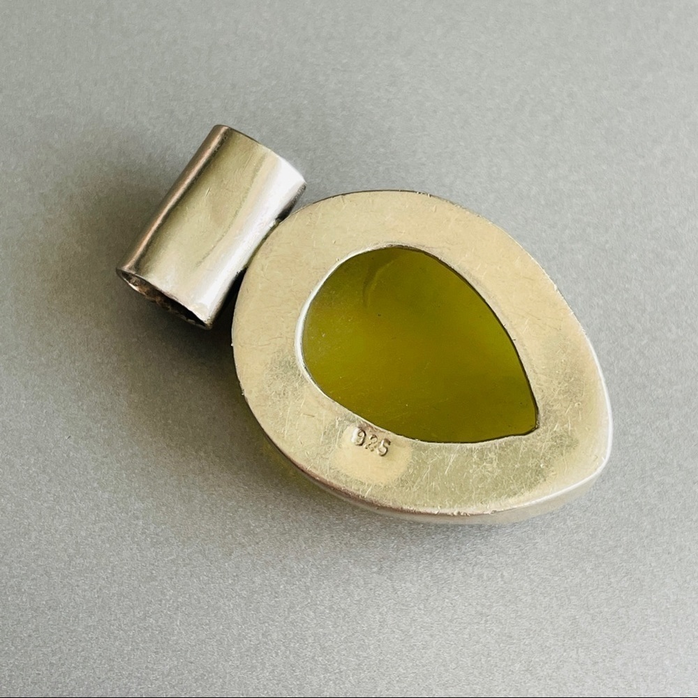 Natural Yellow Druzy Stone Sterling Silver Teardrop Pendant Vintage - Picture 6 of 6